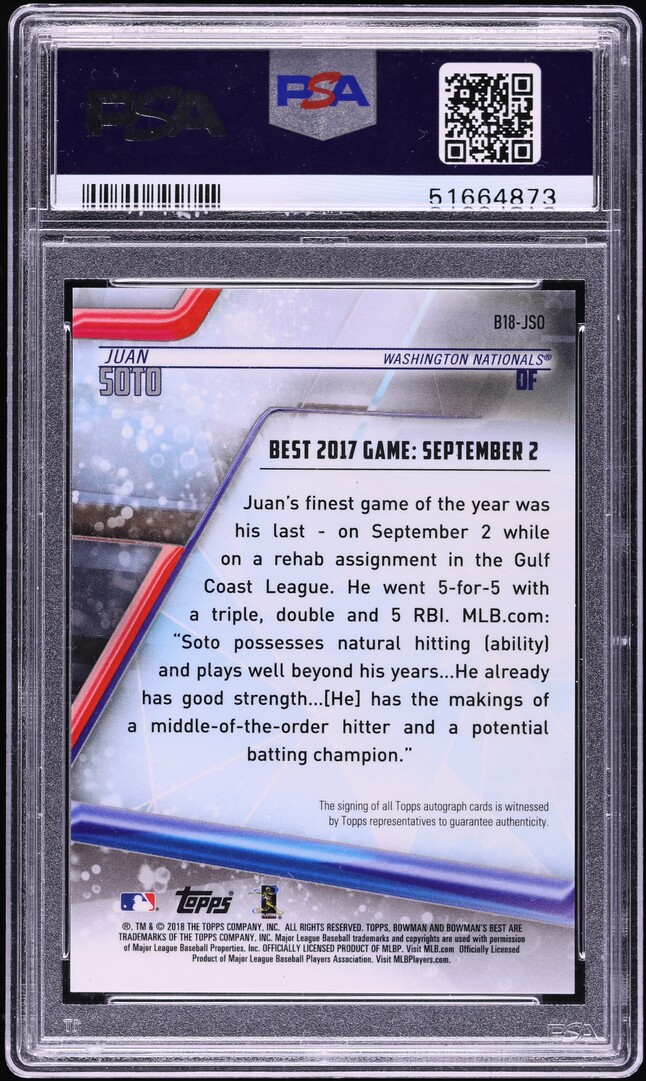 2018 Bowman's Best Of '18 Green Juan Soto ROOKIE AUTO /99 PSA 10 GEM MINT