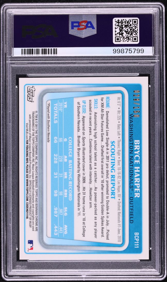 2011 Bowman Chrome Blue Refractor Bryce Harper PROSPECT AUTO /150 PSA 10 GEM