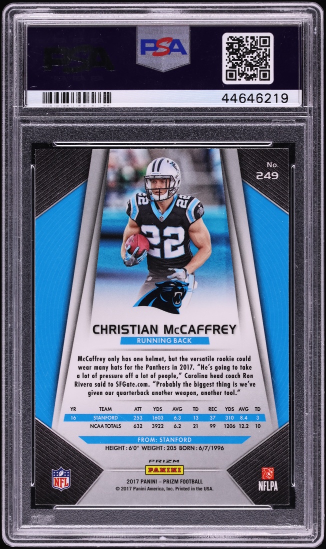 2017 Panini Prizm Silver Christian McCaffrey ROOKIE #249 PSA 9 MINT