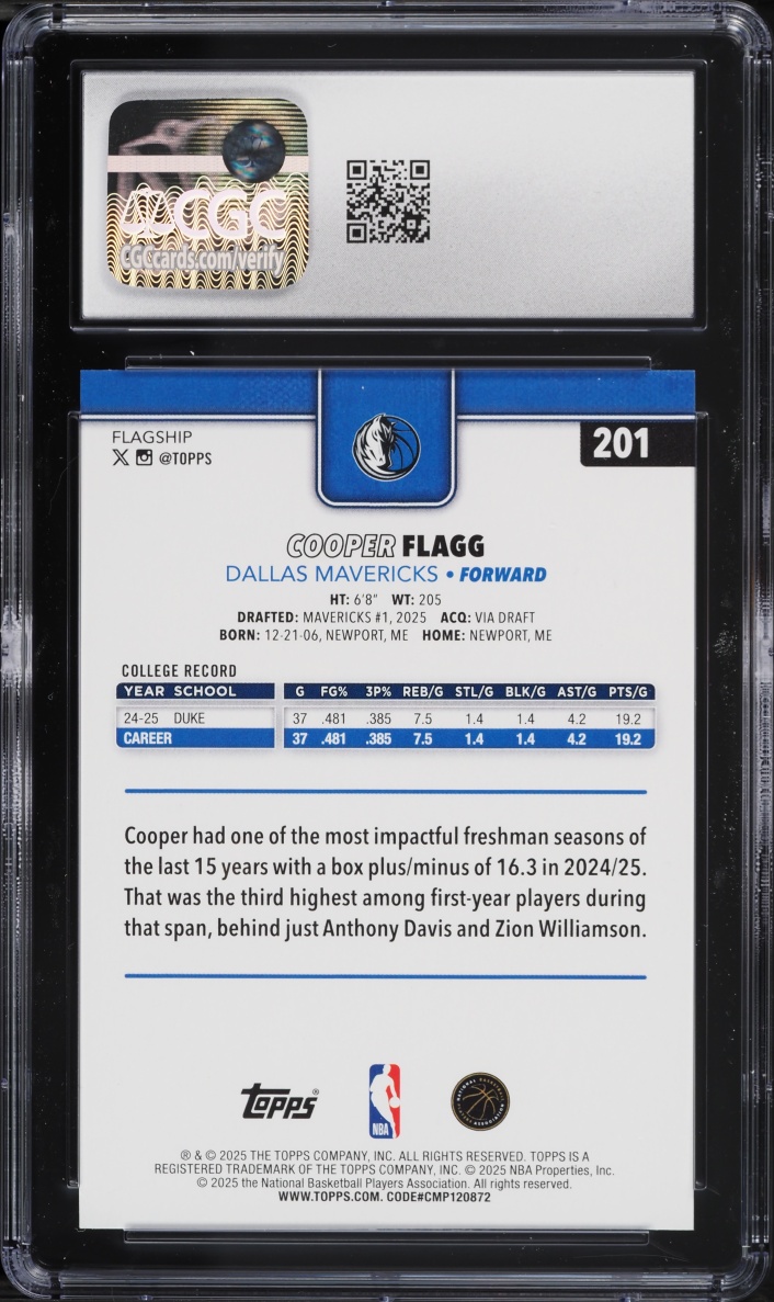 2025 Topps Basketball Cooper Flagg ROOKIE #201 CGC 10 GEM MINT