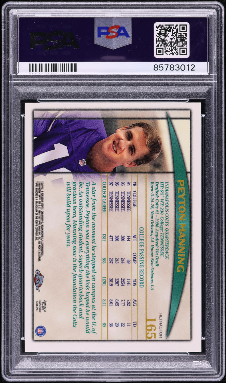 1998 Topps Chrome Refractor Peyton Manning ROOKIE AUTO DNA 10 #165 PSA 9 MINT