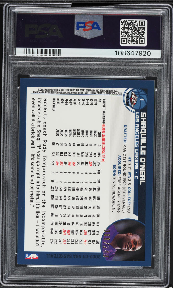 2002 Topps Chrome White Refractor Shaquille O'Neal /249 #1 PSA 8 NM-MT