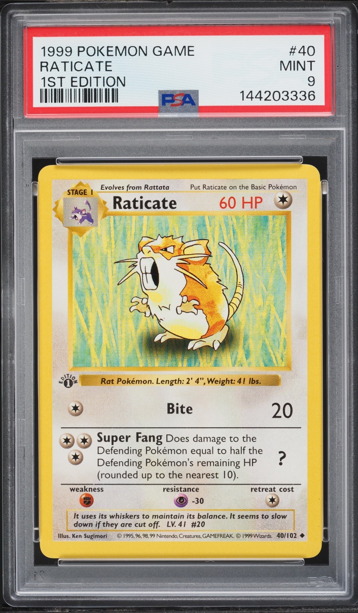 1999 Pokemon Base Set Shadowless 1st Edition Raticate #40 PSA 9 MINT