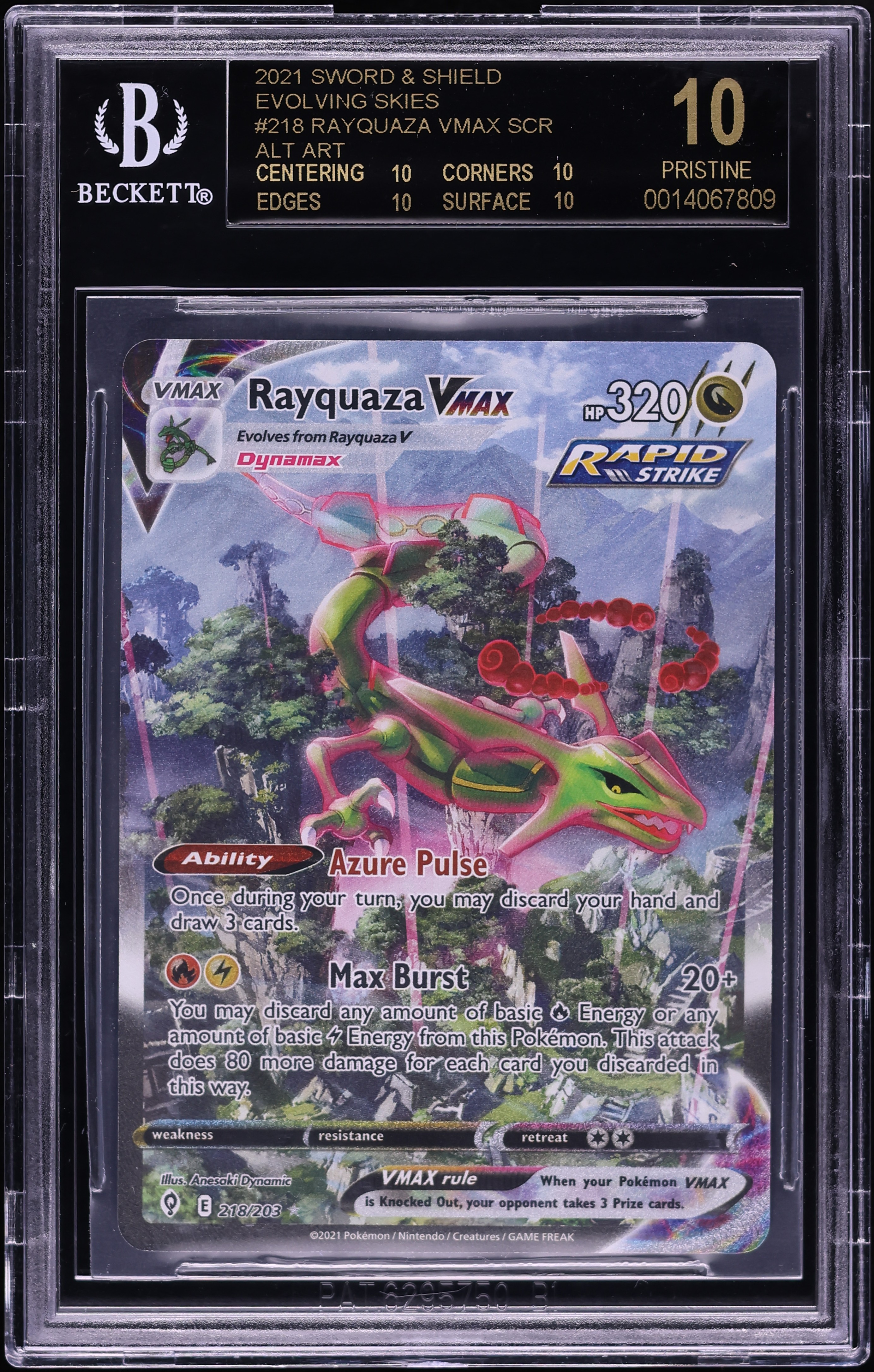 2021 Pokemon Sword & Shield Evolving Skies Alt Art Rayquaza VMAX #218 BGS 10 BLACK LABEL