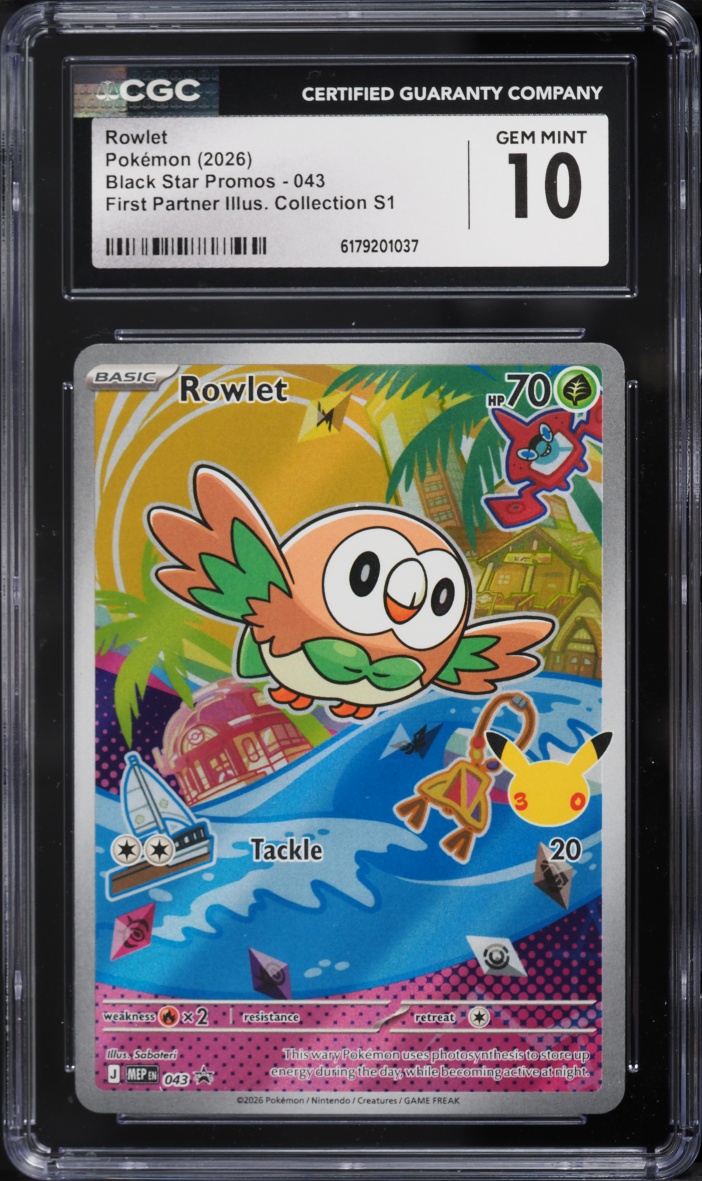 2026 Pokemon Mega Evolution Promo First Partner Illustration S1 Full Art Rowlet #43 CGC 10 GEM