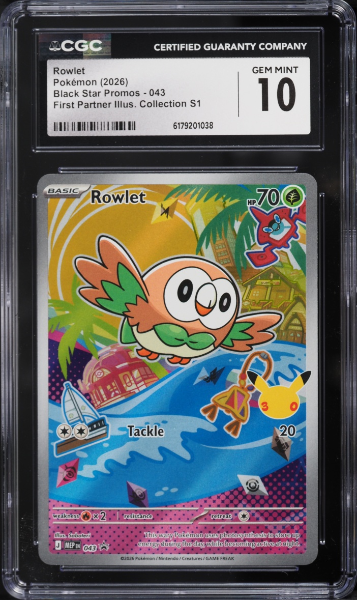 2026 Pokemon Mega Evolution Promo First Partner Illustration S1 Full Art Rowlet #43 CGC 10 GEM
