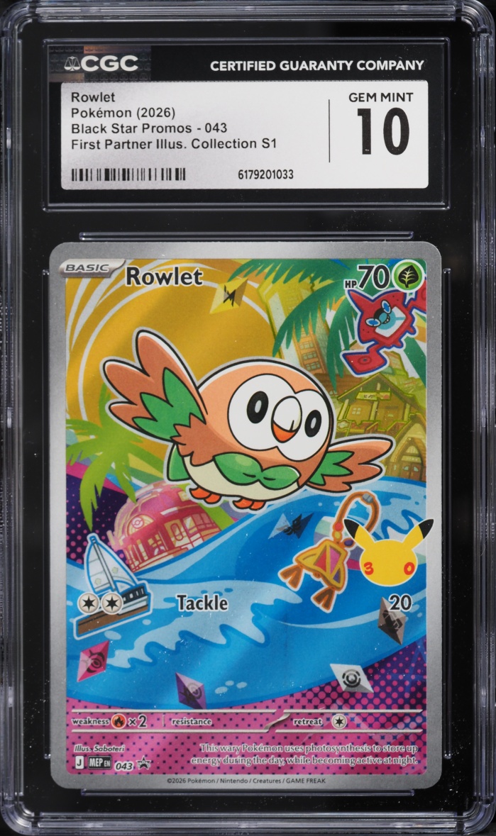 2026 Pokemon Mega Evolution Promo First Partner Illustration S1 Full Art Rowlet #43 CGC 10 GEM