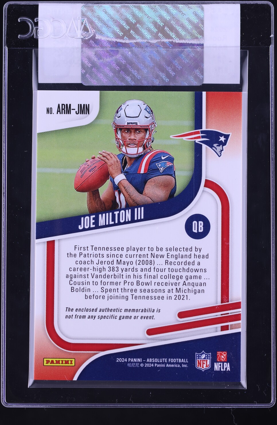 2024 Absolute Football Joe Milton III ROOKIE PATCH #ARM-JMN CGC AUTH