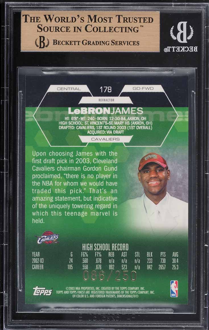 2002 Finest Refractor LeBron James ROOKIE /250 #178 BGS 9.5 GEM MINT