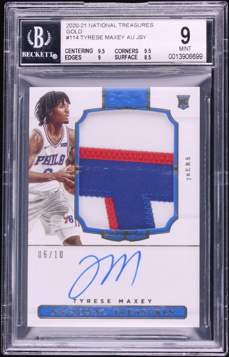 2020 National Treasures Gold Tyrese Maxey ROOKIE PATCH AUTO /10 #114 BGS 9 MINT