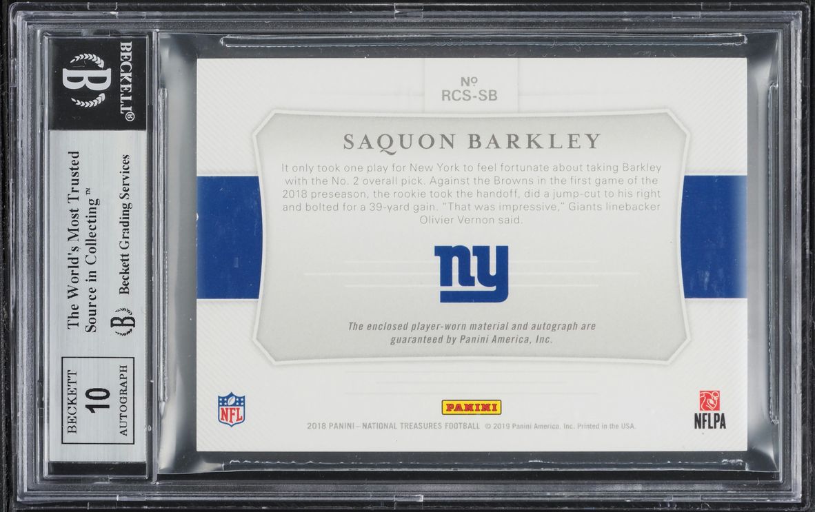 2018 National Treasures Saquon Barkley ROOKIE PATCH AUTO /5 #RGS-SB BGS 9 MINT