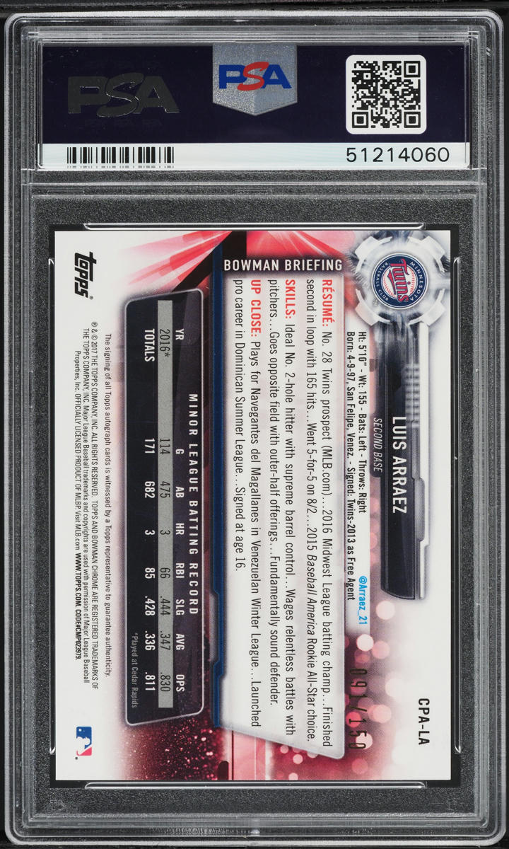 2017 Bowman Chrome Blue Refractor Luis Arraez PROSPECT AUTO /150 PSA 10 GEM MINT