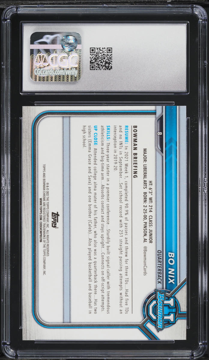 2021 Bowman University Pink Refractor Bo Nix ROOKIE #8 CGC 9 MINT