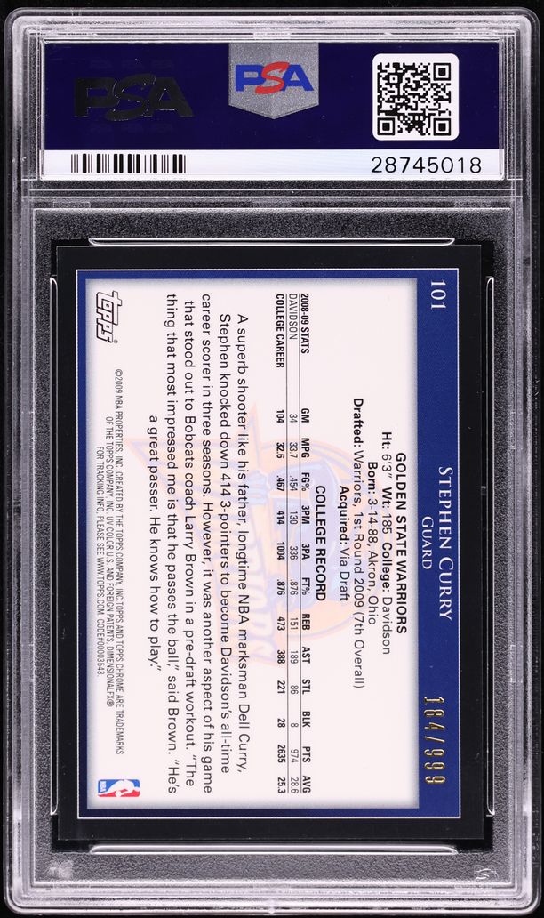 2009 Topps Chrome Stephen Curry ROOKIE /999 #101 PSA 10 GEM MINT
