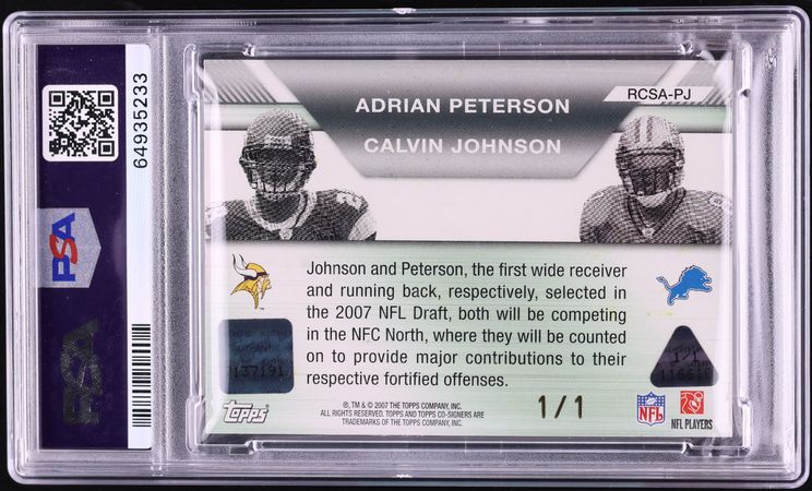 2007 Topps Co-Signers Magenta Printing Plate Adrian Peterson Calvin Johnson RC AUTO 1/1 PSA 7