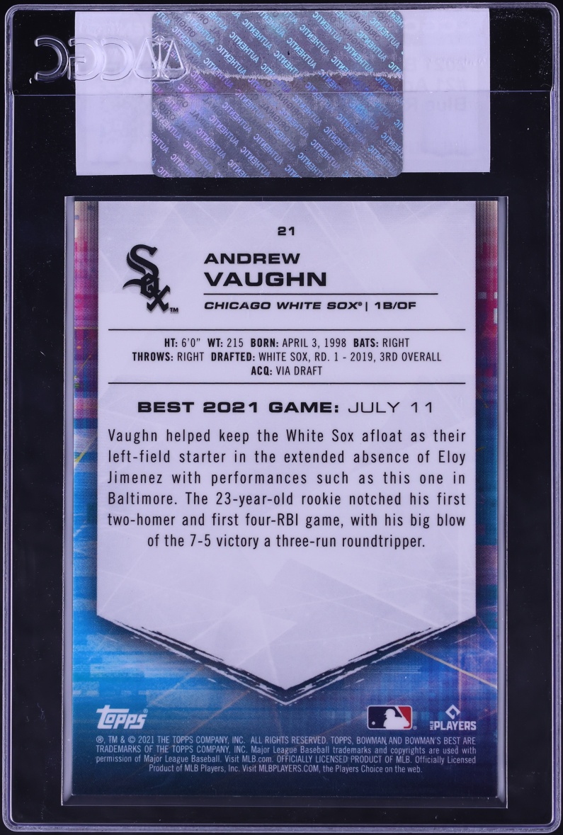 2021 Bowman's Best Blue Refractor Andrew Vaughn ROOKIE /150 #21 CGC AUTH