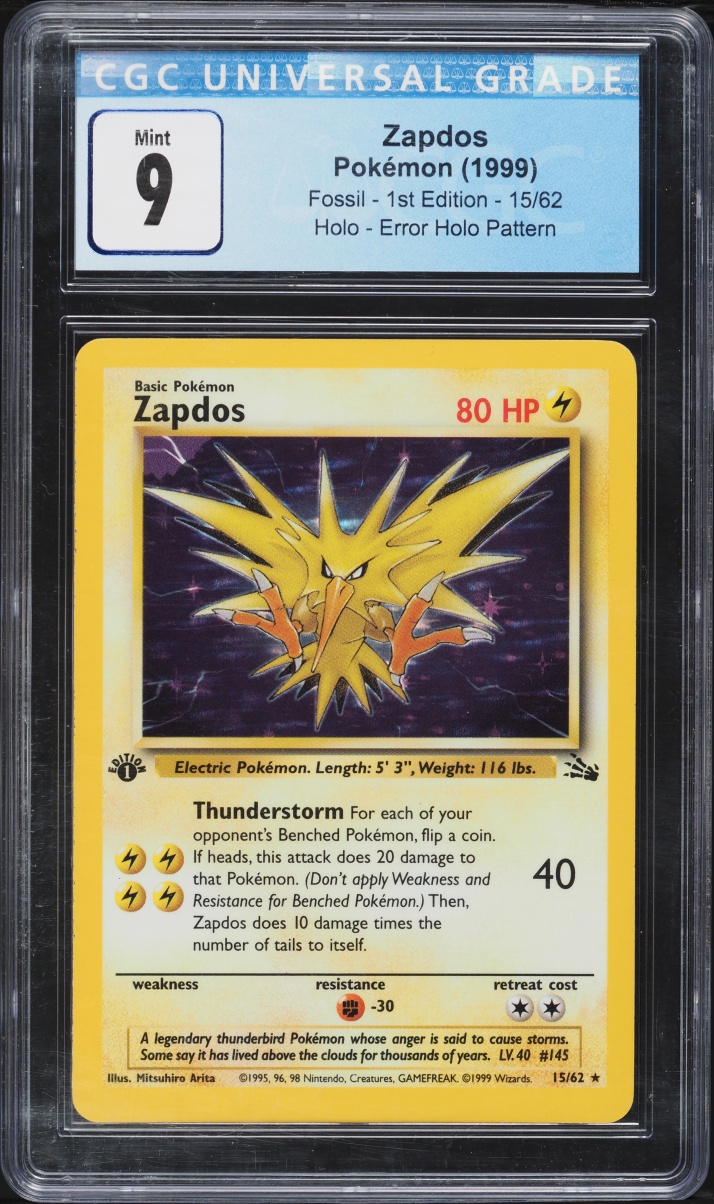 1999 Pokemon Fossil 1st Edition Holo Zapdos #15 CGC 9 MINT
