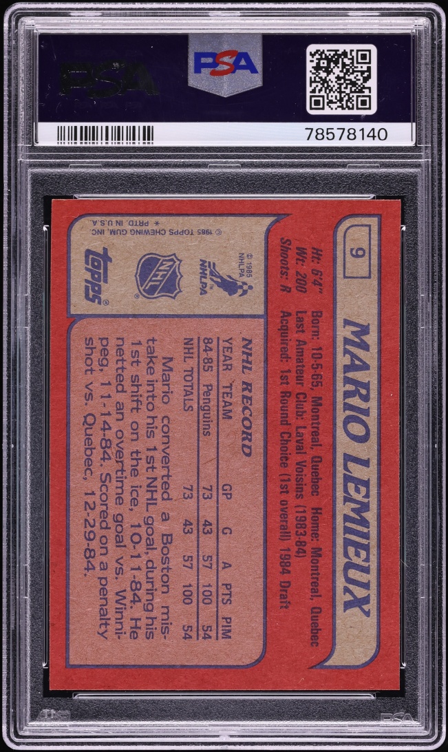 1985 Topps Hockey Mario Lemieux ROOKIE #9 PSA 9 MINT