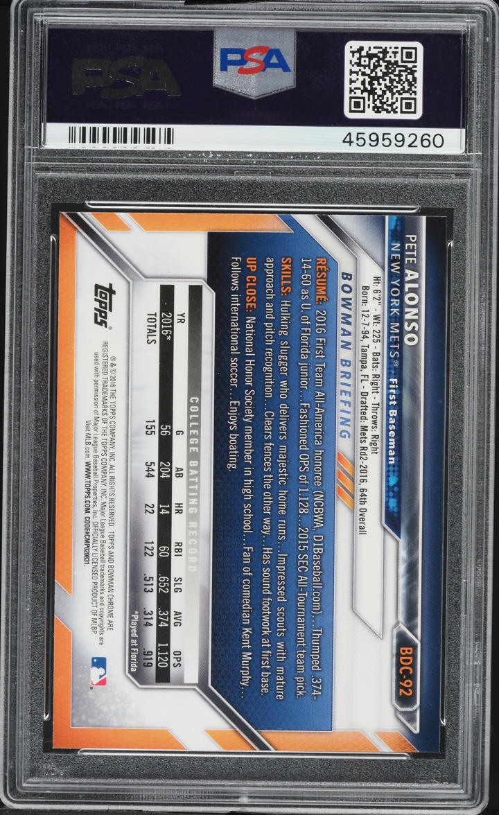 2016 Bowman Chrome Draft Pete Alonso PROSPECT #BDC-92 PSA 10 GEM MINT