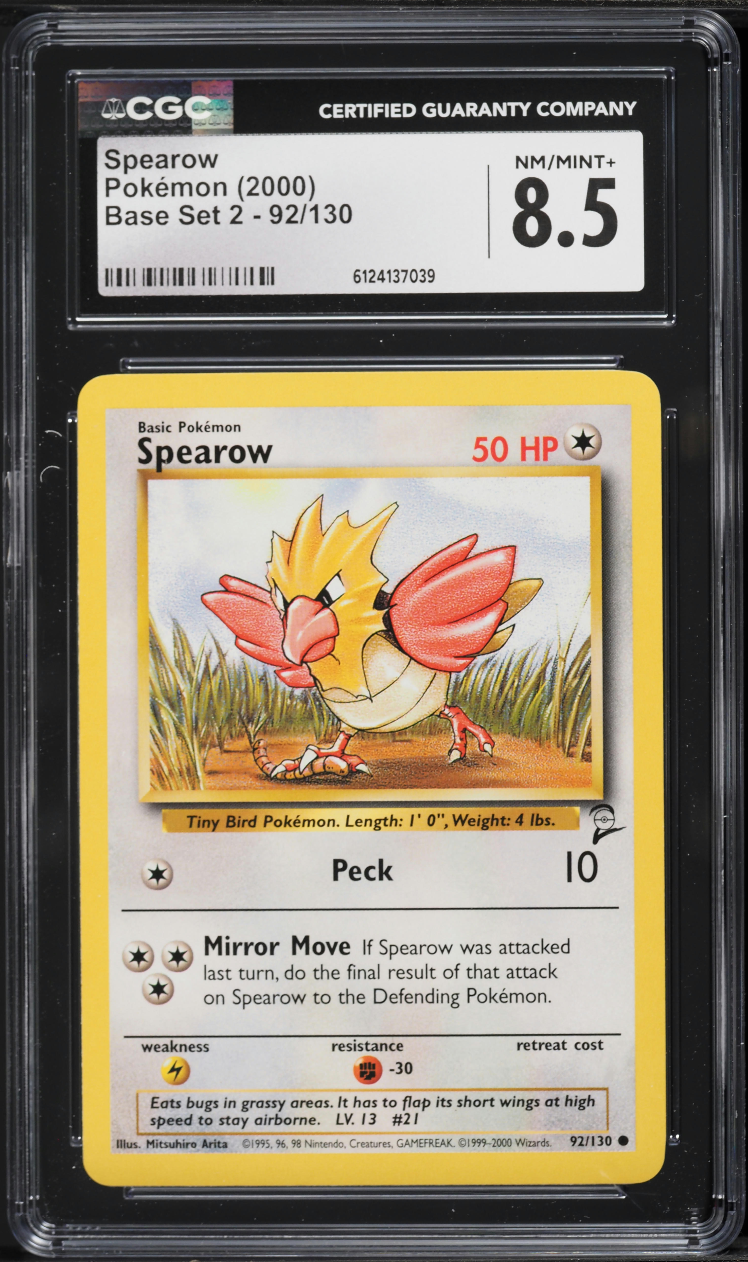 2000 Pokemon Base Set 2 Spearow #92 CGC 8.5 NM-MT+