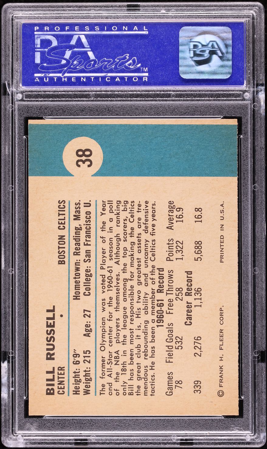 1961 Fleer Basketball Bill Russell #38 PSA 9 MINT