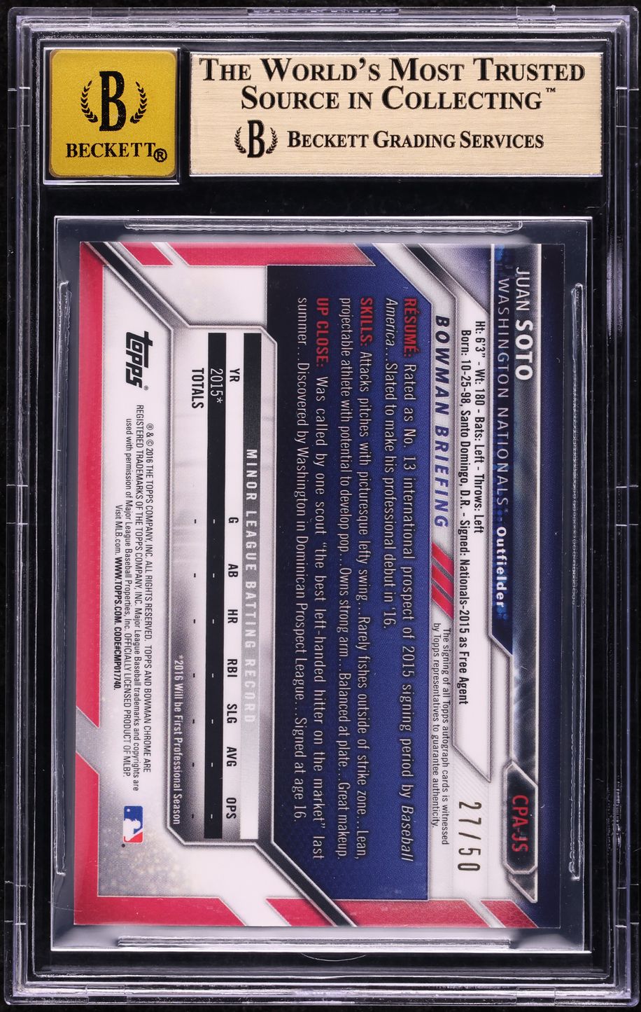 2016 Bowman Chrome Gold Refractor Juan Soto PROSPECT AUTO /50 #CPA-JS BGS 9.5