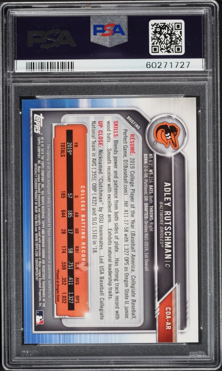 2019 Bowman Chrome Draft Blue Refractor Adley Rutschman PROSPECT AUTO /150 #CDA-AR PSA 9 MINT