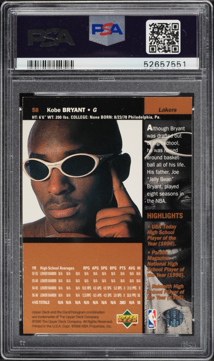 1996 Upper Deck Basketball Kobe Bryant ROOKIE #58 PSA 9 MINT
