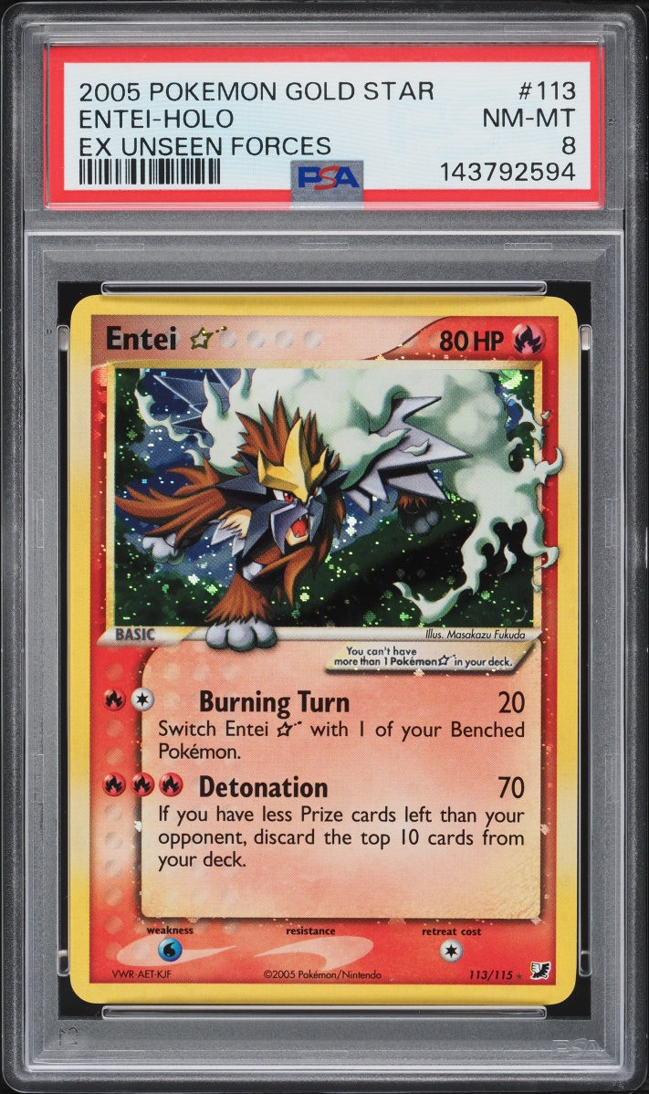 2005 Pokemon EX Unseen Forces Holo Entei Gold Star #113 PSA 8 NM-MT