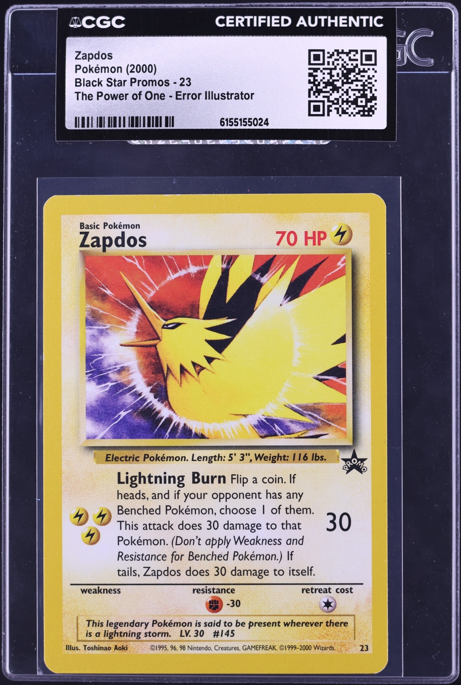 2000 Pokemon Black Star Promo The Power Of One Error Illustrator Zapdos #23 CGC AUTH