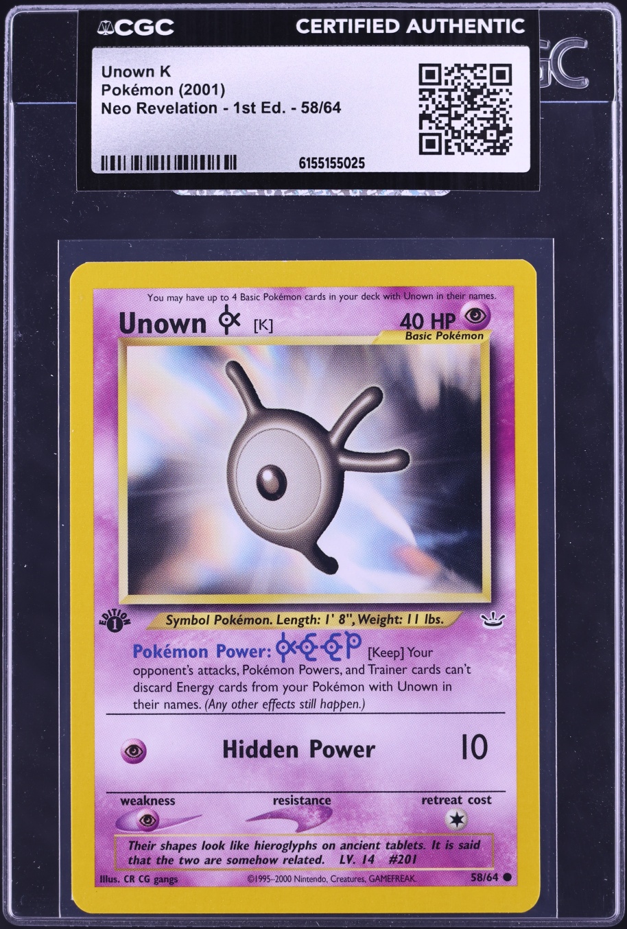 2001 Pokemon Neo Revelation 1st Edition Unown K #58 CGC AUTH