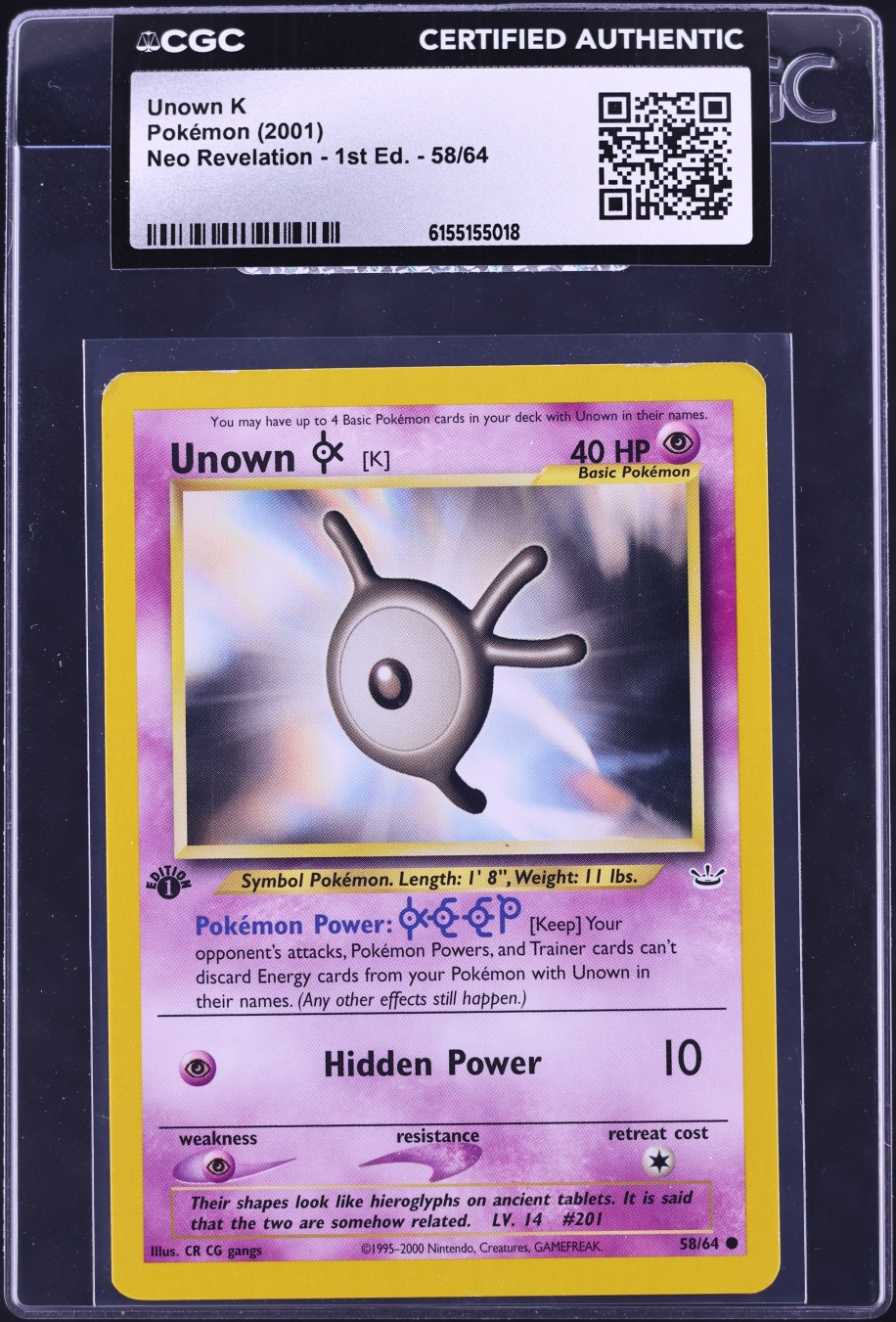 2001 Pokemon Neo Revelation 1st Edition Unown K #58 CGC AUTH