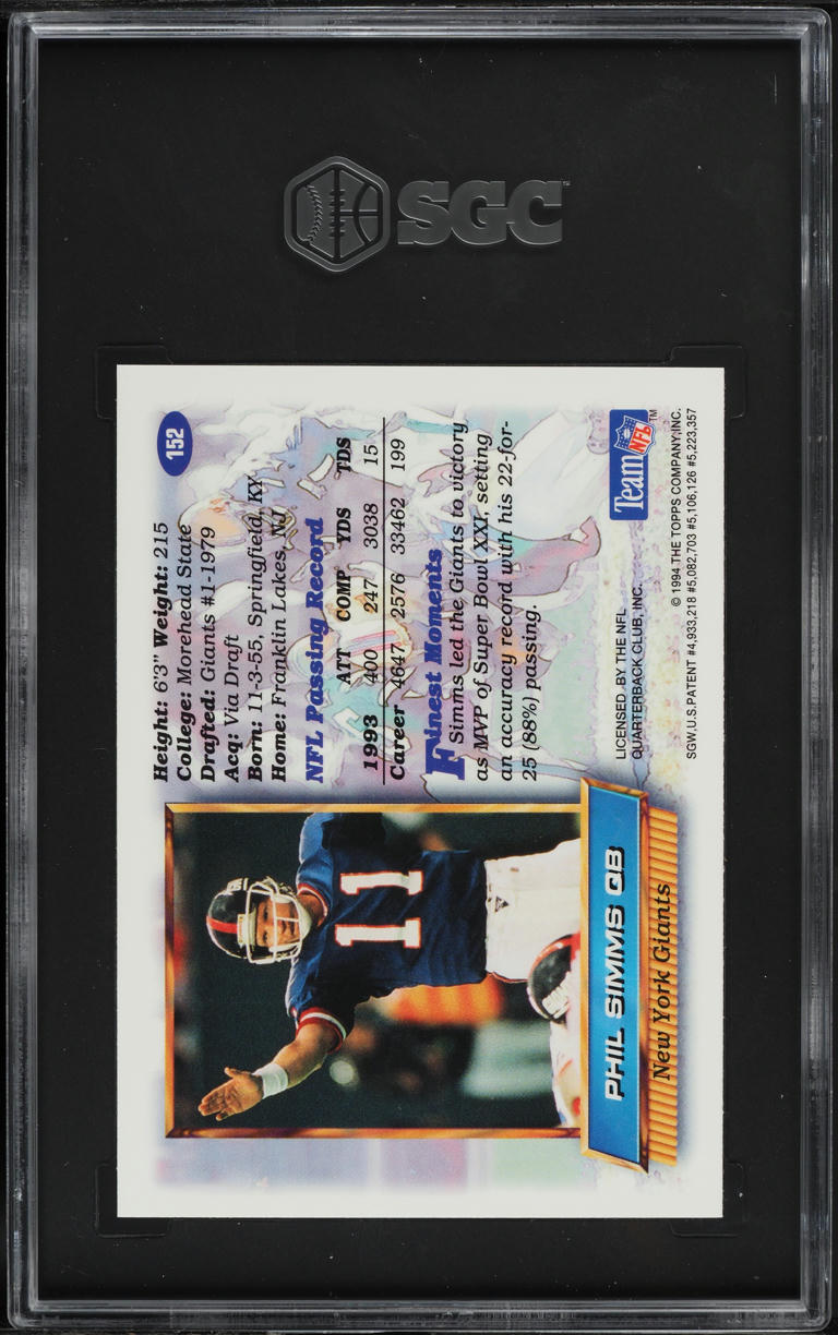 1994 Finest Refractor Phil Simms #152 SGC 7 NRMT