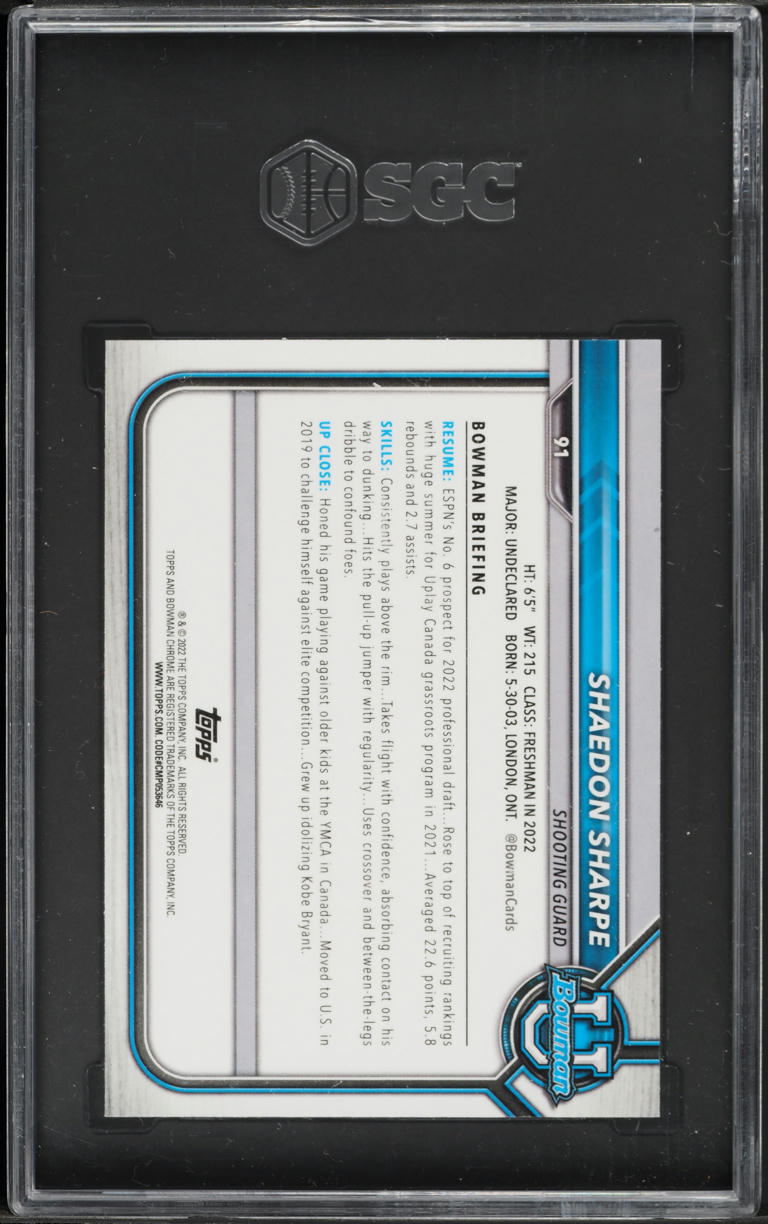 2021 Bowman Chrome University Pink Refractor Shaedon Sharpe ROOKIE #91 SGC 9.5