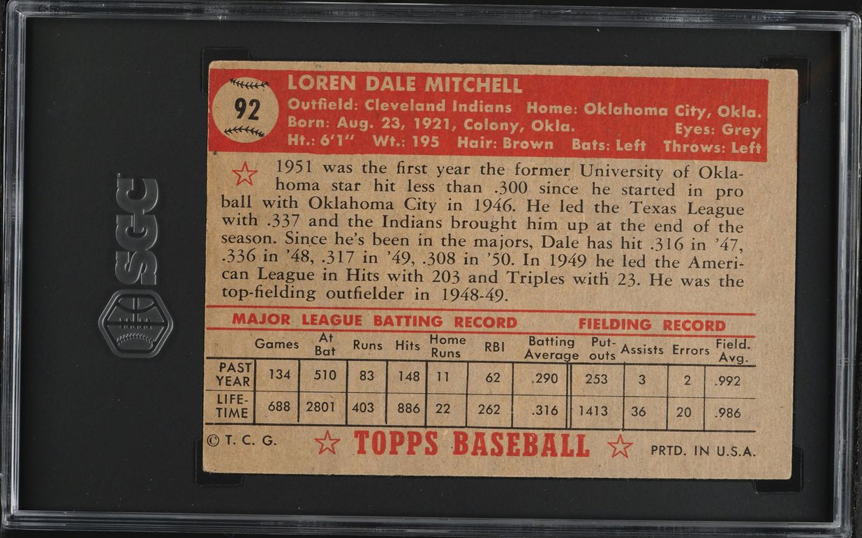 1952 Topps Dale Mitchell #92 SGC 4 VGEX