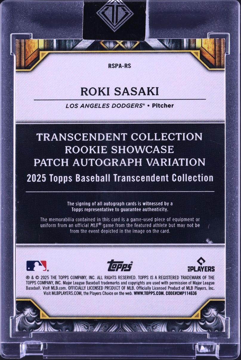 2025 Topps Transcendent Collection Showcase Roki Sasaki ROOKIE PATCH AUTO 25/25 #RSPA-RS