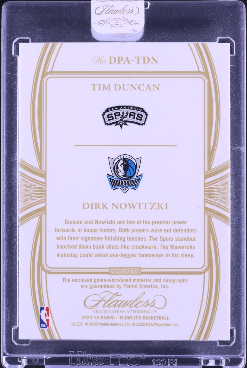 2024 Panini Flawless Dual Tim Duncan Dirk Nowitzki PATCH AUTO 1/5 #DPA-TDN