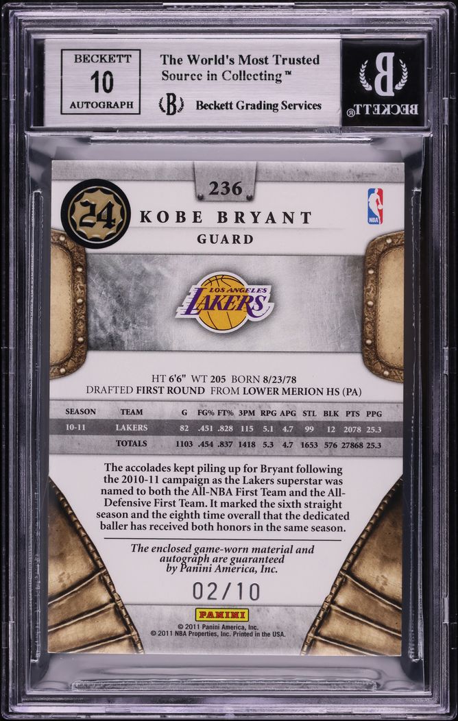 2011 Panini Preferred Silhouettes Prime Kobe Bryant PATCH AUTO /10 #236 BGS 9