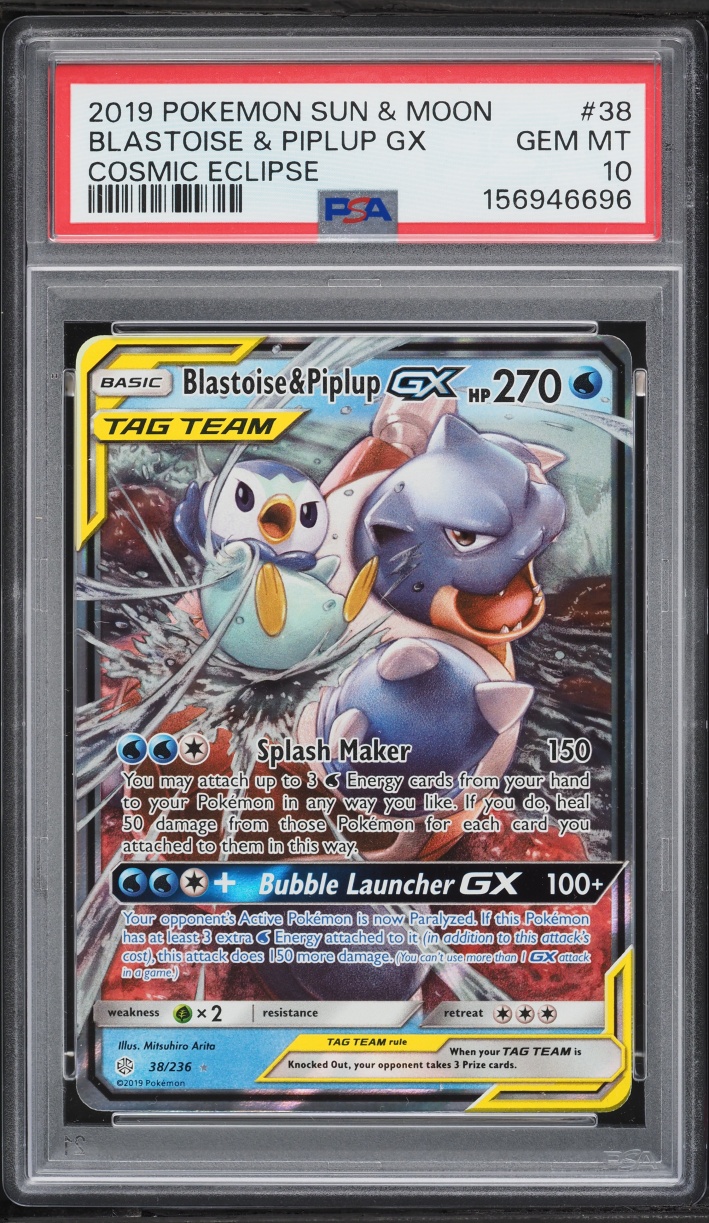 2019 Pokemon Sun & Moon Cosmic Eclipse Blastoise & Piplup GX #38 PSA 10 GEM MINT