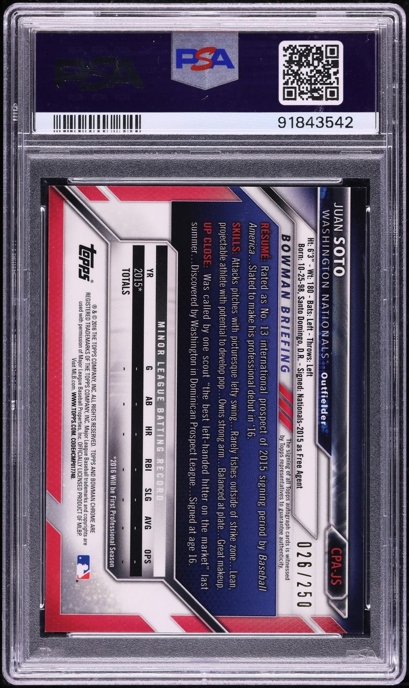 2016 Bowman Chrome Purple Refractor Juan Soto PROSPECT AUTO /250 #CPA-JS PSA 10