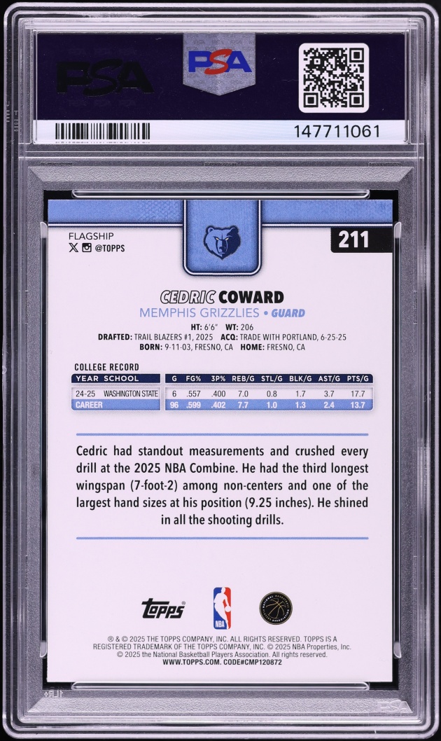 2025 Topps Basketball Cedric Coward ROOKIE #211 PSA 8 NM-MT