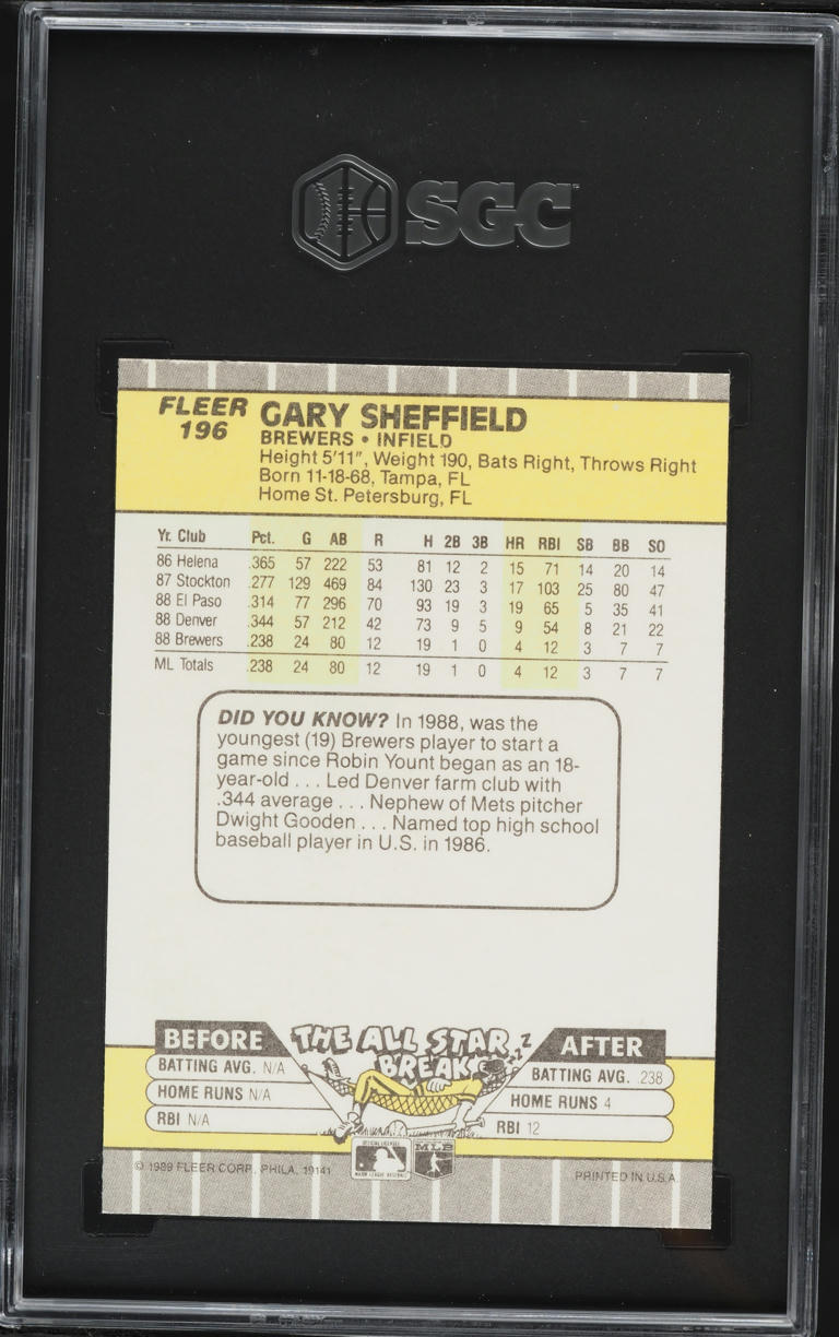 1989 Fleer Gary Sheffield ROOKIE #196 SGC 8.5 NM-MT+