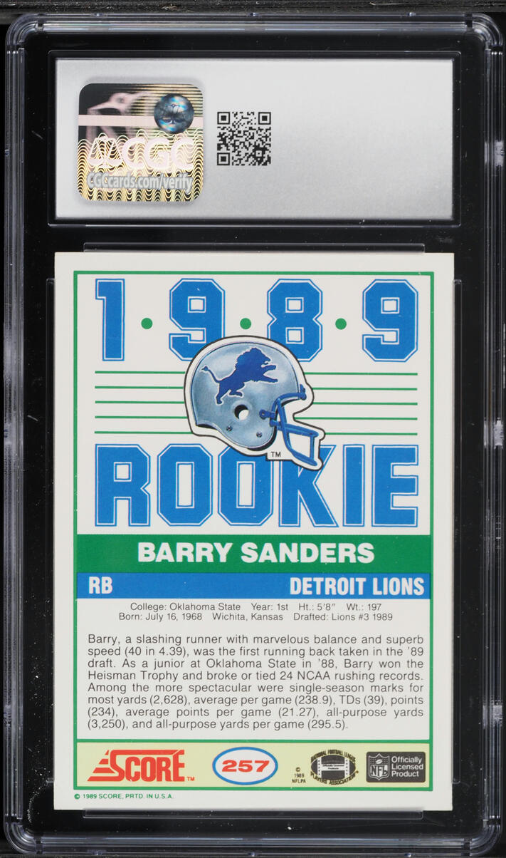 1989 Score Football Barry Sanders ROOKIE #257 CGC 8.5 NM-MT+