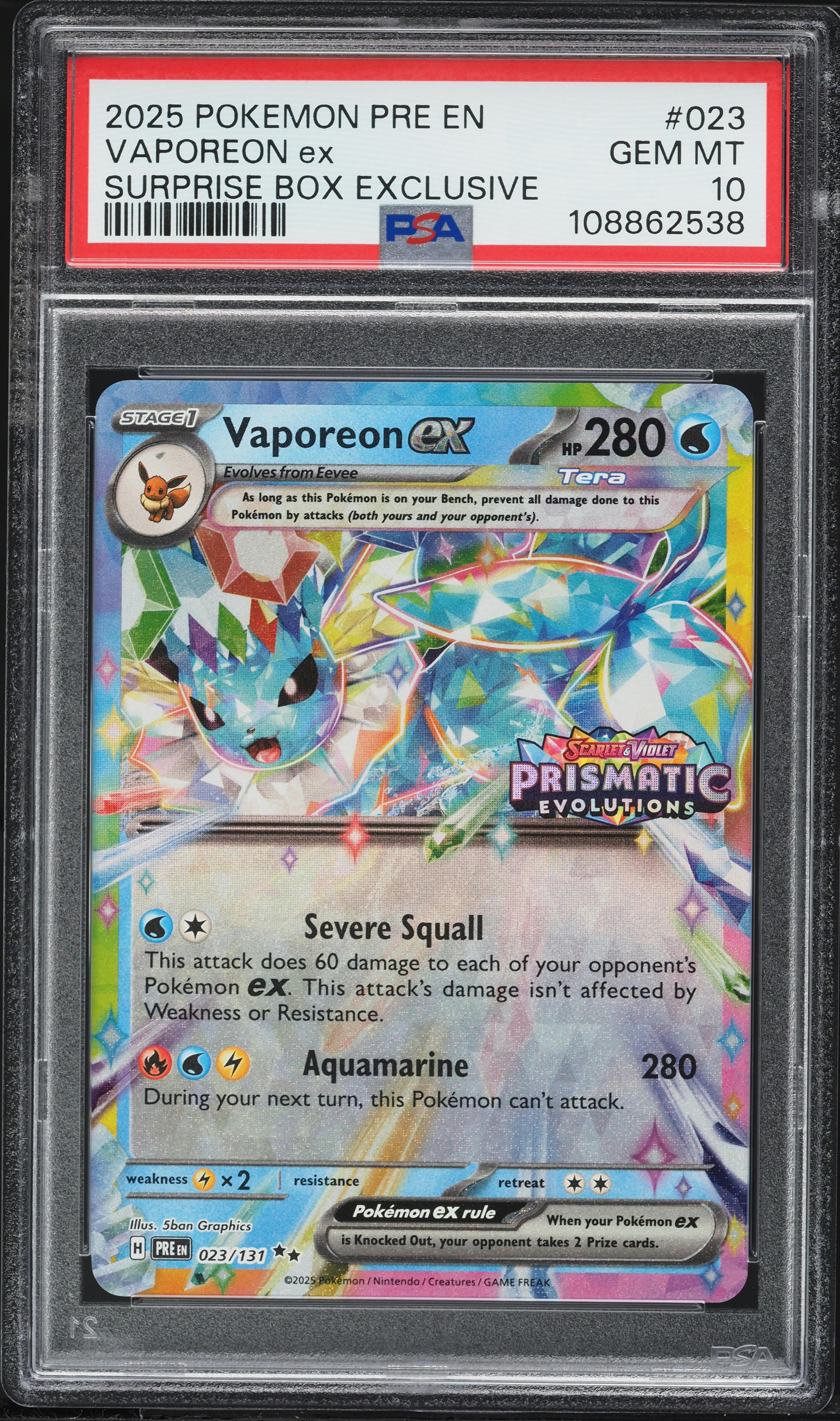 2025 Pokemon Scarlet & Violet Prismatic Evolutions Surprise Box Holo Vaporeon ex #23 PSA 10 GEM