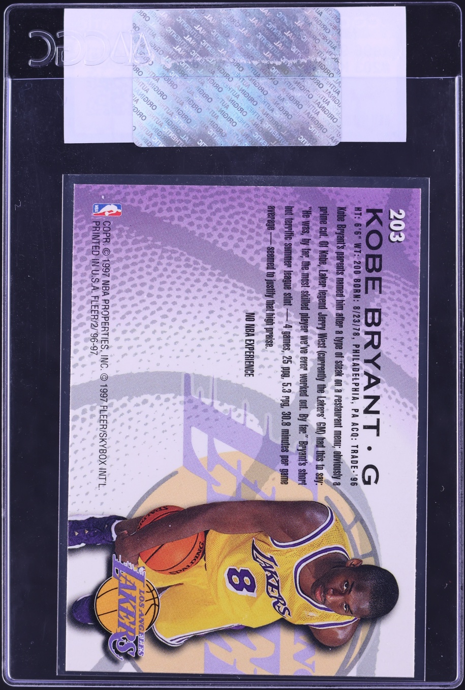 1996 Fleer Basketball Kobe Bryant ROOKIE #203 CGC AUTH