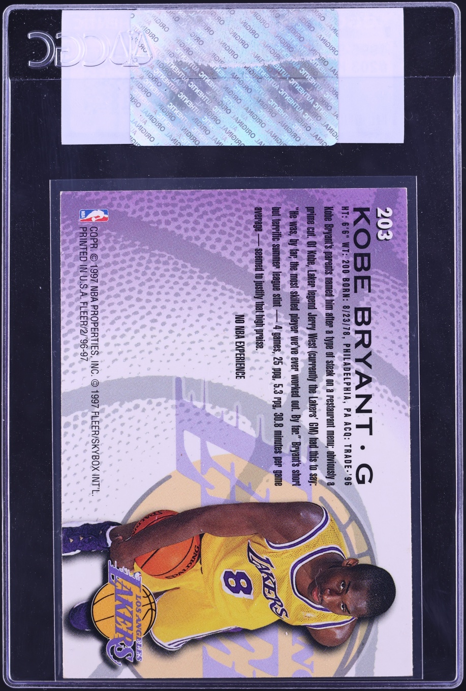 1996 Fleer Basketball Kobe Bryant ROOKIE #203 CGC AUTH