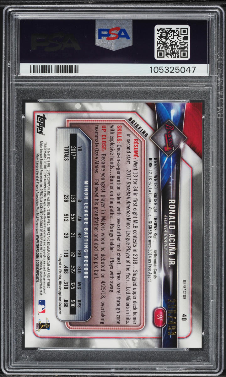 2018 Bowman Chrome Refractor Ronald Acuna Jr. ROOKIE /499 #40 PSA 10 GEM MINT
