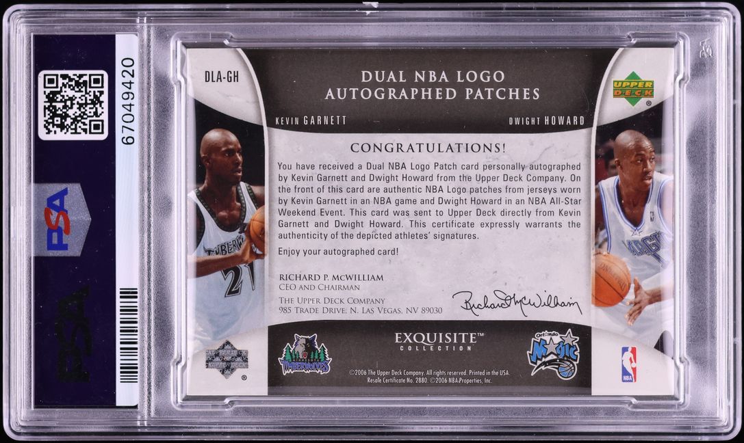 2005 Exquisite Collection Kevin Garnett Dwight Howard LOGOMAN PATCH AUTO 1/1 #DLA-GH PSA 5 EX