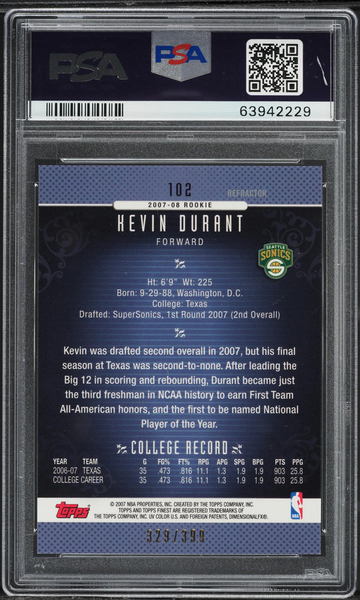 2006 Finest Refractor Kevin Durant /399 #102 PSA 9 MINT
