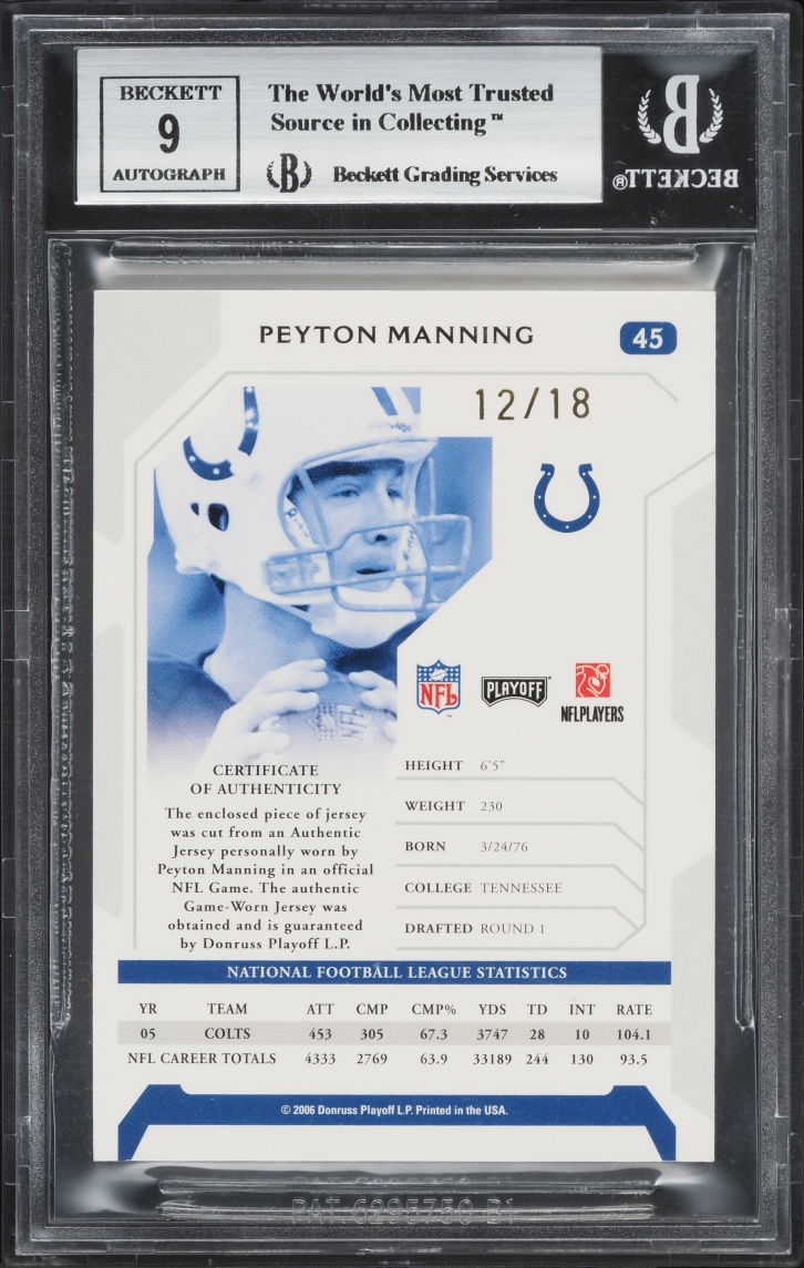2006 Playoff NFL Signature Proof Gold Peyton Manning PATCH AUTO /18 #45 BGS 9 MINT - Photo 2